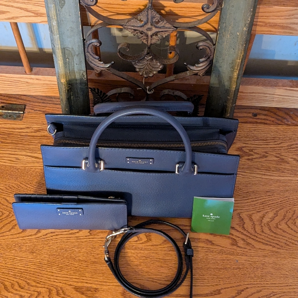 Kate Spade Navy Blue Leather Grove Street Caley Satchel & Matching Wallet - Picture 3 of 13